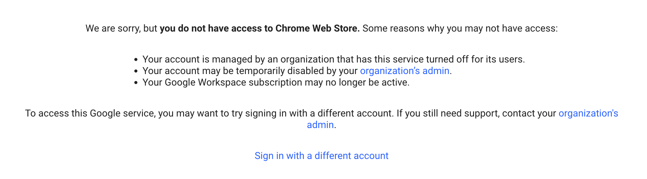 Chrome Web Store access blocked message shown on managed school accounts